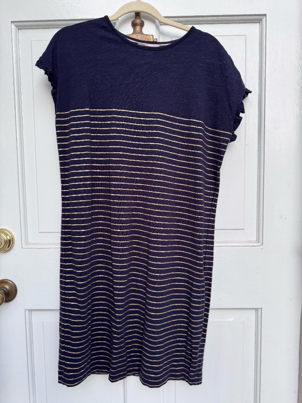 Boden Navy Gold Metallic Stripe Cotton Dress US 4R UK 8 Ruffle Sleeve Shift Dres
